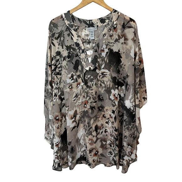 Catherines Blouse Womens 3X Beige Neutral Floral Sheer Boho Cape Sleeve Pullover - Picture 1 of 8